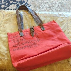 MYRA Red Canvas Tote Bag with Brown Handles